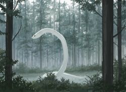 Rule 34 | animal, black eyes, bush, chorefuji, closed mouth, commentary request, day, from side, giant snake, grass, no humans, original, outdoors, oversized animal, rain, snake, tree, white snake