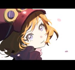 Rule 34 | 1girl, blue eyes, close-up, commentary, eyelashes, floating hair, frilled shirt collar, frills, goggles, goggles on headwear, hat, koala (one piece), looking at viewer, lowres, one piece, orange hair, pink shirt, raine (acke2445), shirt, short hair, simple background, solo, symbol-only commentary, white background