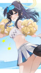 Rule 34 | 1girl, absurdres, animal ears, back, bare shoulders, black hair, blue archive, blue eyes, blush, breasts, cheerleader, crop top, crop top overhang, dog ears, dog girl, dog tail, eyewear on head, from behind, goggles, goggles on head, halo, hands up, hibiki (blue archive), hibiki (cheer squad) (blue archive), highres, holding, holding pom poms, leaning forward, long hair, looking at viewer, millennium cheerleader outfit (blue archive), mimizuku (mmiganaru), miniskirt, navel, one eye closed, panties, pleated skirt, pom pom (cheerleading), pom poms, ponytail, skirt, sky, sleeveless, solo, star (symbol), sticker on face, sweat, tail, thighs, underwear, white panties, white skirt