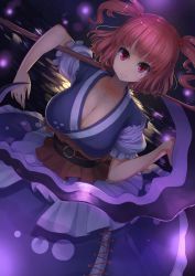 Rule 34 | 1girl, breasts, cleavage, coin, dark, dress, dutch angle, female focus, glowing, grin, hair bobbles, hair ornament, highres, large breasts, layered dress, looking at viewer, md5 mismatch, night, oni, onozuka komachi, oruka (kamituki0827), over shoulder, puffy sleeves, red eyes, red hair, resized, resolution mismatch, sash, scythe, short sleeves, smile, smirk, solo, source larger, star (sky), touhou, twintails, two side up, water, weapon, weapon over shoulder