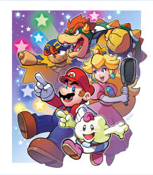 Rule 34 | 1girl, 4boys, :d, artist name, blonde hair, blue eyes, blush, blush stickers, border, bowser, bracelet, brown footwear, brown hair, closed mouth, commentary, crown, dress, earrings, english commentary, facial hair, full body, geno (mario), gloves, grin, happy, hat, holding, jewelry, long hair, long sleeves, looking at viewer, mallow (mario), mario, mario (series), matt herms, multiple boys, mustache, nintendo, open mouth, outline, outside border, overalls, pink dress, princess peach, puffy short sleeves, puffy sleeves, red headwear, red shirt, sharp teeth, shirt, shoes, short hair, short sleeves, signature, smile, sphere earrings, spiked bracelet, spikes, star (symbol), super mario rpg, teeth, thick eyebrows, tongue, upper teeth only, white border, white gloves, white outline