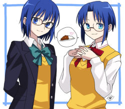 Rule 34 | 1girl, arms behind back, black-framed eyewear, blue eyes, blue hair, blue jacket, blush, bow, bowtie, breasts, buttons, ciel (tsukihime), closed mouth, collared shirt, commentary request, curry, fingers together, food, fujihana (mugenpixel), glasses, green bow, hair between eyes, heart, jacket, long sleeves, looking at viewer, multiple views, open clothes, open jacket, own hands together, parted bangs, pocket, red bow, school uniform, shirt, short hair, signature, simple background, smile, tsukihime, tsukihime (remake), uniform, vest, white background, white shirt, yellow vest