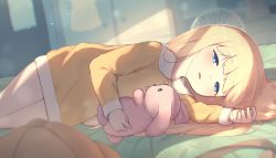 Rule 34 | 1girl, absurdres, bed, blonde hair, blue eyes, blurry, blurry background, blush, child, commentary, commission, dress, electric fan, english commentary, half-closed eyes, hat, highres, hoplitx, indoors, long hair, long sleeves, lying, on bed, on side, original, pajamas, parted lips, pixiv commission, solo, stuffed animal, stuffed rabbit, stuffed toy, unworn hat, unworn headwear, yellow dress, yellow hat