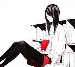 Rule 34 | 1girl, book, closed eyes, fashion, glasses, pantyhose under shorts, long hair, monochrome, original, pantyhose, short shorts, shorts, sitting, solo, sousou (sousouworks), spot color