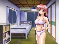 Rule 34 | 1girl, aoi kyouka, bed, bookshelf, bra, breasts, covered erect nipples, game cg, hands on own hips, kagemichi, large breasts, lingerie, long hair, meshimase idol, night, panties, purple eyes, red hair, solo, underwear, underwear only, window
