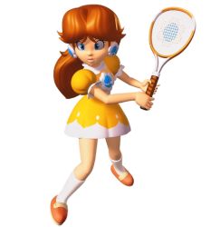 Rule 34 | 1girl, 3d, dress, lowres, mario (series), mario tennis, official art, orange hair, princess daisy, racket, solo, super mario bros. 1, super mario land