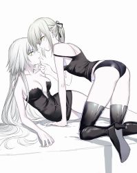 Rule 34 | 2girls, ahoge, artoria pendragon (all), artoria pendragon (fate), ass, bare legs, bare shoulders, bed, black footwear, black legwear, black panties, blonde hair, boots, breasts, dress, fate/grand order, fate/stay night, fate (series), grabbing another&#039;s chin, hair ribbon, hand on another&#039;s chin, highres, jeanne d&#039;arc (fate), jeanne d&#039;arc (ruler) (fate), jeanne d&#039;arc alter (avenger) (fate), jeanne d&#039;arc alter (fate), long hair, looking at viewer, medium breasts, multiple girls, navel, nipi27, panties, ponytail, ribbon, saber (fate), saber alter, simple background, small breasts, thigh boots, thighhighs, underwear, yellow eyes, yuri