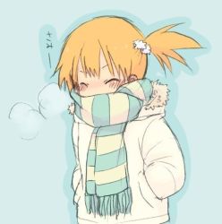 Rule 34 | 1girl, artist request, blush, breath, closed eyes, coat, cold, creatures (company), game freak, gym leader, lowres, misty (pokemon), nintendo, orange hair, pokemon, scarf, short hair, side ponytail, solo, striped clothes, striped scarf, translated
