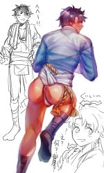Rule 34 | 1boy, alternate costume, ass, black footwear, black hair, blush, fate/grand order, fate (series), fujimaru ritsuka (male), fundoshi, hand on own hip, happi, highres, japanese clothes, looking back, male focus, male underwear, multiple views, rope, shuzukipai, simple background, sketch, standing, standing on one leg, tabi, towel, towel around neck, white background, white male underwear