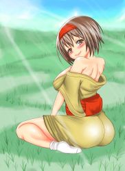 Rule 34 | 1girl, adahcm, alternate color, ass, bare shoulders, blush, breasts, brown eyes, brown hair, creatures (company), erika (pokemon), from behind, game freak, grass, gym leader, hairband, highres, japanese clothes, large breasts, light smile, looking at viewer, nintendo, off shoulder, pokemon, shiny skin, short hair, sitting, smile, socks, wariza