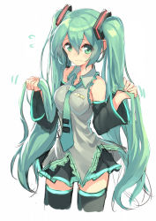 Rule 34 | 1girl, cropped legs, detached sleeves, green eyes, green hair, hatsune miku, headset, highres, kame^^, long hair, matching hair/eyes, necktie, ruffling hair, skirt, solo, thighhighs, twintails, very long hair, vocaloid, white background