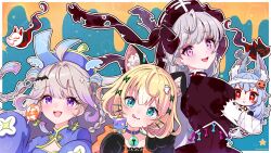 Rule 34 | 4girls, :3, :p, ahoge, animal ear fluff, animal ears, animal hands, aqua eyes, bandaged head, bandages, bat hair ornament, bell, blonde hair, blood, blood stain, blue hair, blush, braid, candy, carrying, carrying person, cat ears, cat paws, chibi, china dress, chinese clothes, choker, cleavage cutout, clothing cutout, commentary, cross-shaped pupils, dress, earrings, english commentary, enna alouette, ethyria, facial mark, fang, flower earrings, food, food-themed hair ornament, fox ears, ghost hair ornament, grey hair, hair ornament, hairclip, hairpin, halloween costume, happy anniversary, hat, highres, holding, holding candy, holding food, holding lollipop, jewelry, jiangshi costume, jingle bell, lollipop, long hair, looking at viewer, millie parfait, mugimugigo, multicolored hair, multiple girls, nijisanji, nijisanji en, nina kosaka, nose blush, ofuda, ofuda on clothes, open mouth, pink eyes, pumpkin hair ornament, purple choker, purple eyes, qingdai guanmao, red eyes, reimu endou, sandals, screw, short hair, skin fang, sleeves past fingers, sleeves past wrists, spirit, star (symbol), symbol-shaped pupils, tassel, tongue, tongue out, twitter username, virtual youtuber