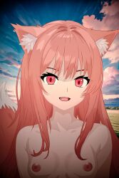 Rule 34 | 1girl, admant, animal ears, breasts, fang, highres, holo, long hair, nature, nipples, non-web source, nude, open mouth, red eyes, red hair, self-upload, small breasts, solo, spice and wolf, tail, upper body, wolf ears, wolf girl, wolf tail