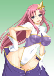 Rule 34 | 1girl, breasts, covered navel, cowboy shot, fuuki (misty wind), gloves, gradient background, green background, gundam, gundam seed, gundam seed destiny, hair ornament, hand on leg, hand on own leg, hand on own thigh, hand on thigh, hand up, highleg, highleg leotard, impossible clothes, impossible leotard, large breasts, leotard, looking at viewer, meer campbell, multicolored leotard, open mouth, pink hair, purple eyes, purple skirt, skirt, smile, solo, star (symbol), star hair ornament, white gloves