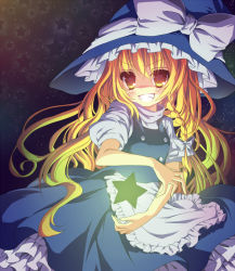 Rule 34 | 1girl, bad id, bad pixiv id, blonde hair, female focus, grin, hat, kirisame marisa, long hair, reia, sky, smile, solo, star (sky), star (symbol), starry sky, touhou, witch, witch hat, yellow eyes
