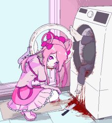Rule 34 | 1boy, 1girl, blood, blush, bright pupils, chibikki, closed mouth, commentary, corpse, dot mouth, dot nose, dress, elbow gloves, english commentary, frilled dress, frills, full body, gloves, hair rings, highres, indoors, kitchen knife, long hair, magical girl saki-hope (chibikki), original, pink dress, pink eyes, pink footwear, pink gloves, pink hair, pixel art, puffy short sleeves, puffy sleeves, saki (chibikki), short sleeves, sidelocks, squatting, swept bangs, twintails, washing machine, white pupils