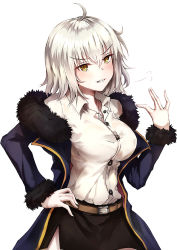 Rule 34 | 1girl, ahoge, belt, blush, braid, breasts, coat, dress shirt, fate/grand order, fate (series), fur-trimmed coat, fur trim, hand on own hip, jacket, jeanne d&#039;arc (fate), jeanne d&#039;arc (ruler) (fate), jeanne d&#039;arc alter (fate), jeanne d&#039;arc alter (ver. shinjuku 1999) (fate), large breasts, long hair, nakatokung, off shoulder, official alternate costume, open mouth, shirt, short hair, silver hair, skirt, white background, yellow eyes