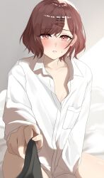 Rule 34 | 0923 azu, 1girl, :o, blush, brown hair, collarbone, highres, higuchi madoka, holding, holding clothes, idolmaster, idolmaster shiny colors, looking at viewer, mole, mole under eye, open collar, oversized clothes, oversized shirt, pov, red eyes, shirt, short hair, solo, white shirt
