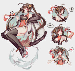 Rule 34 | 1girl, ?, ahoge, anchor hair ornament, anklet, azur lane, baozi, brown hair, china dress, chinese clothes, cleavage cutout, clothing cutout, collage, dress, food, full body, hair ornament, hairband, heart, high heels, highres, jacket, jewelry, legs, long hair, multiple views, outstretched arms, panda, ping hai (azur lane), platform footwear, platform heels, red eyes, scarf, smile, softmode, solo focus, spoken heart, thighhighs, twintails