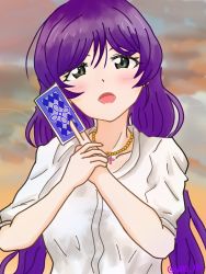 Rule 34 | 1girl, artist name, artist request, blush, breasts, card, collarbone, female focus, green eyes, holding, holding card, jewelry, long hair, looking at viewer, love live!, love live! school idol project, medium breasts, necklace, own hands together, parted lips, purple hair, shirt, smile, solo, soro 3969, tojo nozomi, twintails, white shirt