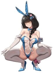 Rule 34 | animal ears, black hair, blue bow, blue bowtie, blue leotard, bow, bowtie, breasts, closed eyes, detached collar, elbow gloves, fake animal ears, gloves, goddess of victory: nikke, grin, hands on own knees, high heels, id card, large breasts, leotard, long hair, looking at viewer, mary (medical rabbit) (nikke), mary (nikke), narabi7, official alternate costume, playboy bunny, rabbit ears, see-through, see-through leotard, smile, spread legs, squatting, strapless, strapless leotard, thighhighs, white gloves, white thighhighs