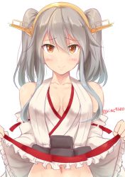 Rule 34 | 10s, 1girl, alternate hairstyle, black hair, breasts, cleavage, clothes lift, collarbone, cosplay, detached sleeves, hair between eyes, haruna (kancolle), haruna (kancolle) (cosplay), headgear, highres, ichikawa feesu, kantai collection, kashima (kancolle), looking at viewer, nontraditional miko, skirt, skirt lift, small breasts, smile, solo, twintails, upper body, wide sleeves