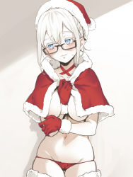 Rule 34 | 1girl, asutora, asutora-chan, black-framed eyewear, blue eyes, blush, breasts, capelet, christmas, colored eyelashes, commentary request, cowboy shot, fur-trimmed capelet, fur-trimmed gloves, fur trim, glasses, gloves, groin, hat, head tilt, looking to the side, mole, mole under eye, navel, original, panties, red capelet, red gloves, red hat, red panties, santa hat, short hair, silver hair, solo, stomach, underwear