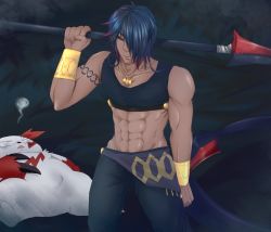Rule 34 | 1boy, abs, bare shoulders, black eyes, black sclera, bracer, catcactcat, colored sclera, creatures (company), dark skin, dark-skinned male, game freak, gen 3 pokemon, hair over one eye, highres, jewelry, male focus, midriff, muscular, necklace, nintendo, personification, pokemon, pokemon (creature), polearm, red eyes, seviper, snake tail, spear, tail, unconscious, weapon, zangoose