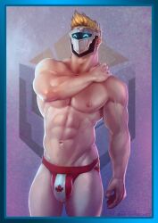 Rule 34 | 1boy, ^ ^, abs, artificial eye, bara, blonde hair, bulge, canadian flag print, closed eyes, commission, feet out of frame, hand on own shoulder, highres, indie virtual youtuber, jockstrap, large bulge, large pectorals, looking ahead, male focus, male underwear, mask, masked himbo (silvyspark), muscular, muscular male, navel, nipples, pectorals, red male underwear, rocket (artofrocket), second-party source, short hair, solo, sparse navel hair, spiked hair, standing, stomach, thick thighs, thighs, topless male, underwear, veins, veiny arms, virtual youtuber