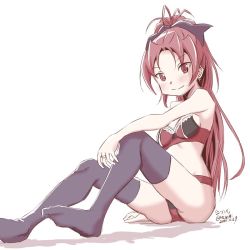 Rule 34 | 1girl, antenna hair, black thighhighs, blush, bra, breasts, cleavage, groin, lace, lace-trimmed bra, lace trim, long hair, looking at viewer, mahou shoujo madoka magica, mahou shoujo madoka magica (anime), mr nini, panties, ponytail, red bra, red eyes, red hair, red panties, sakura kyoko, small breasts, smile, solo, thighhighs, thighs, twitter, underwear, underwear only, white background