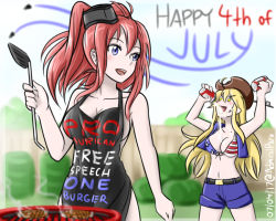 Rule 34 | 10s, 2girls, :d, admiral paru, ahoge, alternate costume, american flag bikini, american flag print, apron, beer can, bikini, bikini top only, blonde hair, blurry, breasts, can, cleavage, cola, collarbone, cowboy hat, depth of field, drink can, english text, flag print, hat, headgear, holding, iowa (kancolle), kantai collection, long hair, multiple girls, naked apron, navel, open mouth, ponytail, print bikini, purple eyes, red hair, saratoga (kancolle), shorts, smile, soda can, star-shaped pupils, star (symbol), swimsuit, symbol-shaped pupils