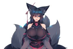 Rule 34 | 1girl, :3, :d, animal ears, bare shoulders, black hair, black sash, blue eyes, breasts, clothing cutout, commentary, crossed bangs, ear piercing, english commentary, fangs, flower knot, fox ears, fox tail, hair between eyes, hair ornament, hair stick, hairclip, highres, huge breasts, kiri (sub-res), long hair, long sleeves, looking at viewer, multiple tails, obi, one eye closed, open mouth, original, piercing, sash, shoulder cutout, simple background, smile, solo, sub-res, tail, tassel, tomoe (symbol), white background