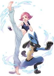 Rule 34 | 1girl, absurdres, barefoot, breasts, clenched hand, commentary request, creatures (company), eyelashes, fingerless gloves, full body, game freak, gen 4 pokemon, gloves, highres, leg up, lucario, maylene (pokemon), navel, nintendo, open mouth, pants, pink eyes, pink hair, pokemon, pokemon (creature), pokemon dppt, raji (aranmax), short hair, sports bra, standing, standing on one leg, teeth, toes, tongue, upper teeth only, white background