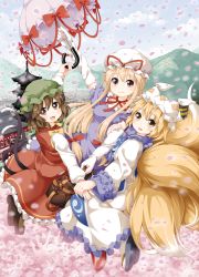 Rule 34 | 3girls, animal ears, animal hat, bag, blonde hair, blue sky, brown eyes, brown hair, cat ears, cat tail, chen, cloud, day, dress, elbow gloves, fang, fox tail, gloves, hat, hat ribbon, hat with ears, holding hands, long sleeves, looking at viewer, mob cap, monochrome, mountain, multiple girls, multiple tails, open mouth, parasol, petals, mob cap, pink eyes, puffy short sleeves, puffy sleeves, purple dress, ribbon, ruu (tksymkw), shirt, short sleeves, skirt, skirt set, sky, smile, tabard, tail, touhou, tower, town, umbrella, vest, white dress, white gloves, wide sleeves, yakumo ran, yakumo yukari, yellow eyes