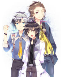 Rule 34 | 3boys, alvin (tales), aqua eyes, arms behind back, black hair, black pants, black shirt, blue shirt, bracelet, brown eyes, brown hair, brown pants, coat, grey pants, hand in pocket, hand on another&#039;s shoulder, jewelry, jude mathis, looking at viewer, ludger will kresnik, male focus, multiple boys, necktie, one eye closed, open mouth, overalls, pants, rento (rukeai), shirt, silver hair, sleeves rolled up, smile, spiked hair, tales of (series), tales of xillia, tales of xillia 2, white coat, white neckwear
