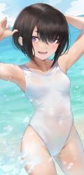 Rule 34 | 1girl, absurdres, armpits, black hair, blue sky, breasts, cloud, collarbone, commentary request, cowboy shot, day, highres, horizon, looking at viewer, ocean, one-piece swimsuit, open mouth, original, outdoors, purple eyes, seicoh, short hair, sky, small breasts, solo, swimsuit, white one-piece swimsuit