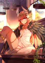 Rule 34 | 1girl, birdcage, black wings, blue eyes, breasts, cage, circe (fate), closed mouth, desk, dress, fate/grand order, fate (series), feather hair ornament, feathers, feet, hair ornament, headpiece, highres, knees up, large wings, looking at viewer, on desk, pink hair, pointy ears, satoimo (3311 mi), sitting, on desk, small breasts, smile, solo, white dress, wings