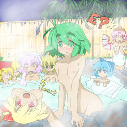 Rule 34 | 6+girls, ?, ^^^, aged up, aki minoriko, aki shizuha, antennae, bamboo, bamboo forest, bathing, blonde hair, blue eyes, blue hair, blush, bow, breast envy, breasts, breasts apart, cirno, english text, engrish text, eyebrows, fang, forest, green eyes, green hair, hair bow, ice, leaf, letty whiterock, medium breasts, mizuhashi parsee, multiple girls, mystia lorelei, nagi (pixiv119941), nature, nipples, nude, o o, onsen, open mouth, pink hair, ranguage, red eyes, rock, romaji text, rumia, shaded face, short hair, small breasts, steam, sweatdrop, team 9 (touhou), tears, thick eyebrows, touhou, towel, wet, wings, wriggle nightbug