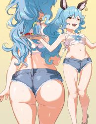 Rule 34 | 10s, :d, ass, ass focus, back, blue hair, blush, cowboy shot, crop top, cup, denim, denim shorts, drinking straw, earrings, ferry (granblue fantasy), food, from behind, fruit, granblue fantasy, happy, huge ass, jewelry, legs, lime (fruit), lime slice, midriff, multiple views, navel, omelet, omurice, open mouth, shiny skin, short shorts, shorts, simple background, single earring, smile, sunao (souis), sweat, thighs, yellow background