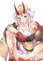 Rule 34 | 1girl, alcohol, bare shoulders, blonde hair, cameltoe, claws, fate/grand order, fate (series), female focus, horns, ibaraki douji (fate), japanese clothes, kimono, long hair, looking at viewer, lzth, monster girl, off shoulder, oni, oni horns, panties, sake, short kimono, simple background, sitting, solo, tattoo, underwear, white panties, wide sleeves, yellow eyes, yellow kimono