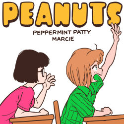 Rule 34 | 2girls, animification, black hair, brown hair, character name, commentary request, desk, freckles, glasses, green shirt, hand up, highres, marcie (peanuts), multiple girls, open mouth, peanuts (comic), peppermint patty, pink shirt, school desk, shirai keita, shirt, short hair, short sleeves, simple background, upper body, white background