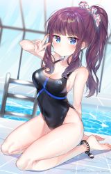Rule 34 | 1girl, arm behind back, arms behind back, bad id, bad pixiv id, bare shoulders, barefoot, black one-piece swimsuit, blue eyes, blue one-piece swimsuit, blunt bangs, blush, breasts, brown hair, cleavage, collarbone, commentary, covered navel, frown, hair ribbon, highres, kneeling, large breasts, long hair, looking at viewer, new game!, one-piece swimsuit, ponytail, purple hair, ribbon, solo, swimsuit, takimoto hifumi, urim (paintur), water, white ribbon