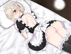 Rule 34 | 1girl, apron, artist request, ass, bad anatomy, bare back, bed, black dress, black thighhighs, blonde hair, choker, dress, female focus, frills, hair ornament, highres, looking at viewer, lying, maid, maid apron, maid headdress, no panties, on bed, on stomach, pussy, red eyes, ribbon, short hair, skirt, solo, thighhighs, thighs, uncensored, waist apron, wrist cuffs