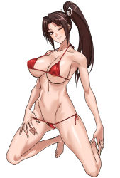Rule 34 | 1girl, ;), areola slip, bare legs, barefoot, bikini, blush, breasts, brown eyes, brown hair, cleavage, closed mouth, commentary, eyelashes, fatal fury, female focus, full body, hair tie, halterneck, highres, hohahiida, kneeling, large areolae, large breasts, lips, long hair, looking at viewer, lowleg, lowleg bikini, matching hair/eyes, micro bikini, navel, one eye closed, parted bangs, ponytail, red bikini, shiranui mai, side-tie bikini bottom, simple background, smile, snk, solo, stomach, string bikini, swimsuit, the king of fighters, underboob, white background, wink