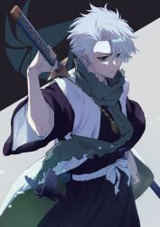 Rule 34 | 1boy, black background, black kimono, bleach, commentary request, green eyes, grey background, grey hair, hair between eyes, highres, hitsugaya toushirou, holding, holding sword, holding weapon, japanese clothes, katana, kimono, looking at viewer, male focus, parted lips, shino yn1031, short sleeves, solo, sword, two-tone background, weapon, weapon on back, wide sleeves