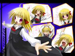 Rule 34 | + +, 1girl, bandaid, black skirt, blonde hair, blush stickers, character name, embodiment of scarlet devil, closed eyes, fang, female focus, hair ribbon, long sleeves, looking at viewer, multiple views, open mouth, outstretched arms, red eyes, red ribbon, ribbon, rumia, short hair, skirt, skirt set, smile, tears, touhou, vest