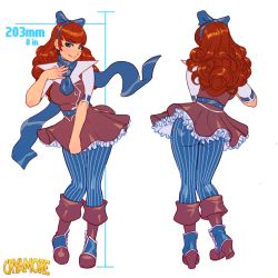 Rule 34 | 1girl, ass, belt, bliss barson, blue eyes, blush, boots, bow, breasts, brown hair, concept art, cryamore, curly hair, dress, dress tug, earrings, eyeshadow, hair bow, hairband, jewelry, long hair, makeup, mole, pants, pantyhose, revision, robaato, scarf, smile, solo, spatterdashes, striped clothes, striped pantyhose, vertical-striped clothes, vertical-striped pantyhose