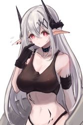 Rule 34 | 1girl, absurdres, arknights, armband, bare shoulders, black gloves, black panties, breasts, cleavage, commentary request, crop top, gloves, hair between eyes, highleg, highleg panties, highres, horns, index finger raised, long hair, looking at viewer, material growth, medium breasts, midriff, mudrock (arknights), mudrock (elite ii) (arknights), navel, oripathy lesion (arknights), panties, panty straps, pointing, pointing at self, pointy ears, red eyes, sarashi, shino duka, silver hair, simple background, solo, sports bra, stomach, underwear, upper body, white background