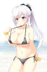 Rule 34 | 1girl, ahoge, arm behind back, bare arms, bare shoulders, bikini, black bikini, blurry, bow, breasts, cameltoe, cleavage, closed mouth, collarbone, contrapposto, covered erect nipples, depth of field, hair bow, halterneck, hand up, highres, large breasts, long hair, looking down, navel, original, oywj, pink eyes, ponytail, pulling own clothes, purple eyes, scrunchie, side-tie bikini bottom, solo, standing, stomach, strap pull, string bikini, swimsuit, thighs, white background, white hair, wrist scrunchie
