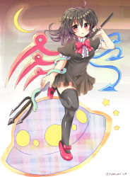 Rule 34 | ahoge, asymmetrical wings, black dress, black hair, black thighhighs, blue wings, blush, bow, bowtie, breasts, center frills, commentary request, crescent moon, dress, footwear bow, frilled sleeves, frills, full body, highres, holding trident, houjuu nue, leg up, mary janes, medium breasts, moon, open mouth, polearm, puffy short sleeves, puffy sleeves, ramudia (lamyun), red bow, red bowtie, red eyes, red footwear, red wings, shoes, short dress, short hair, short sleeves, snake, star (symbol), thighhighs, tiptoes, touhou, trident, ufo, weapon, wings